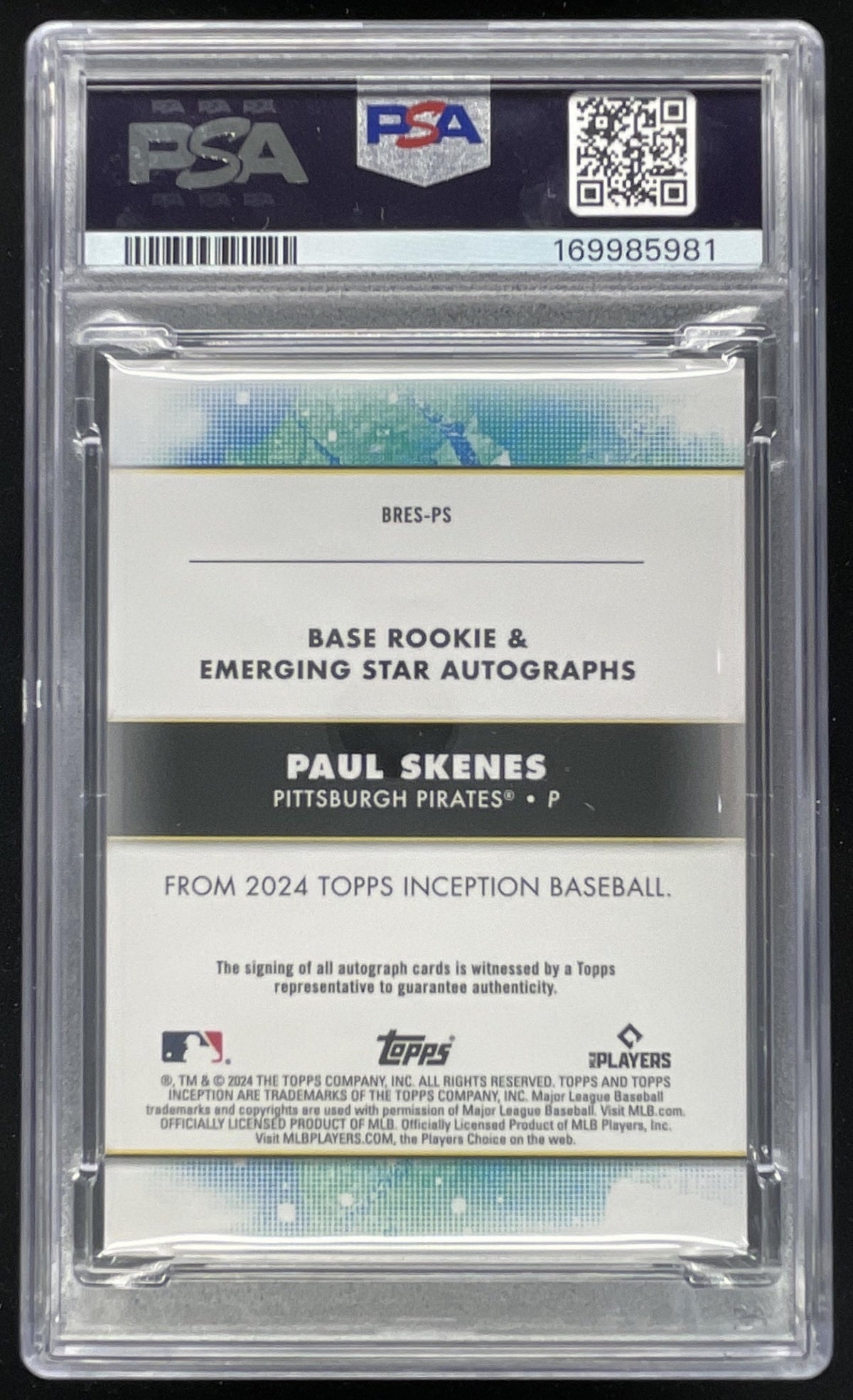 2024 Topps Inception Rookies and Emerging Star Paul Skenes RC Auto /299 PSA 10