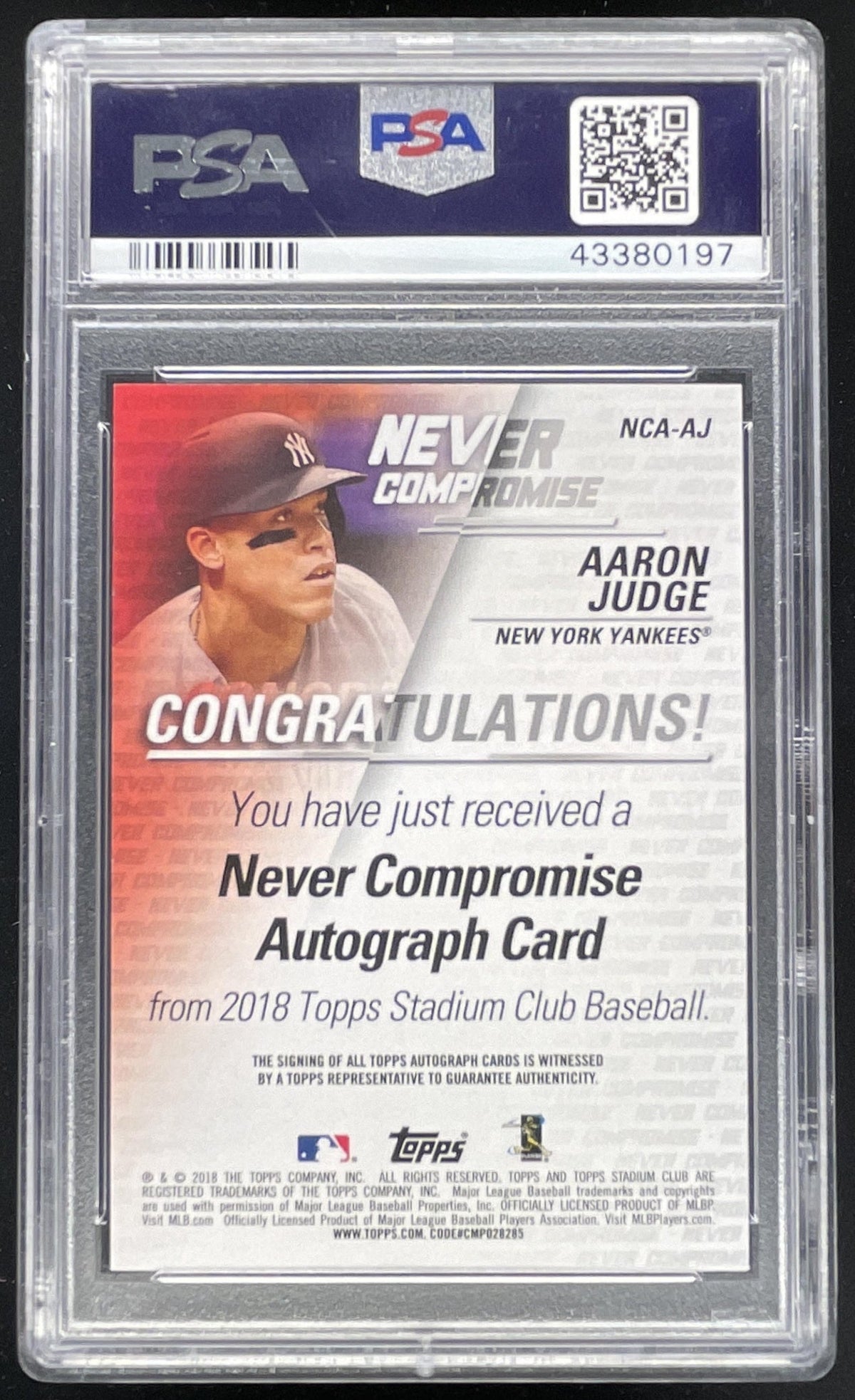2018 Topps Stadium Club Never Compromise #NCA-AJ Aaron Judge Auto /10 PSA 9