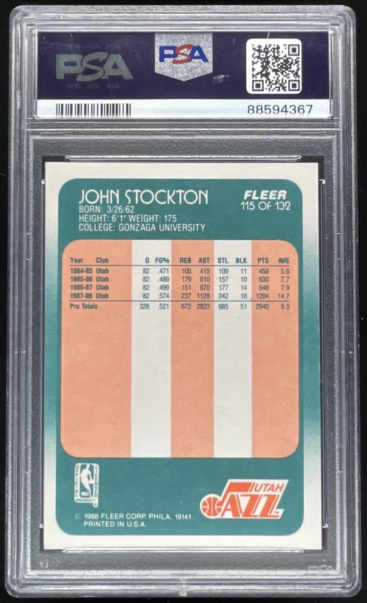 1988-89 Fleer #115 John Stockton RC Certified Authentic Auto PSA 10
