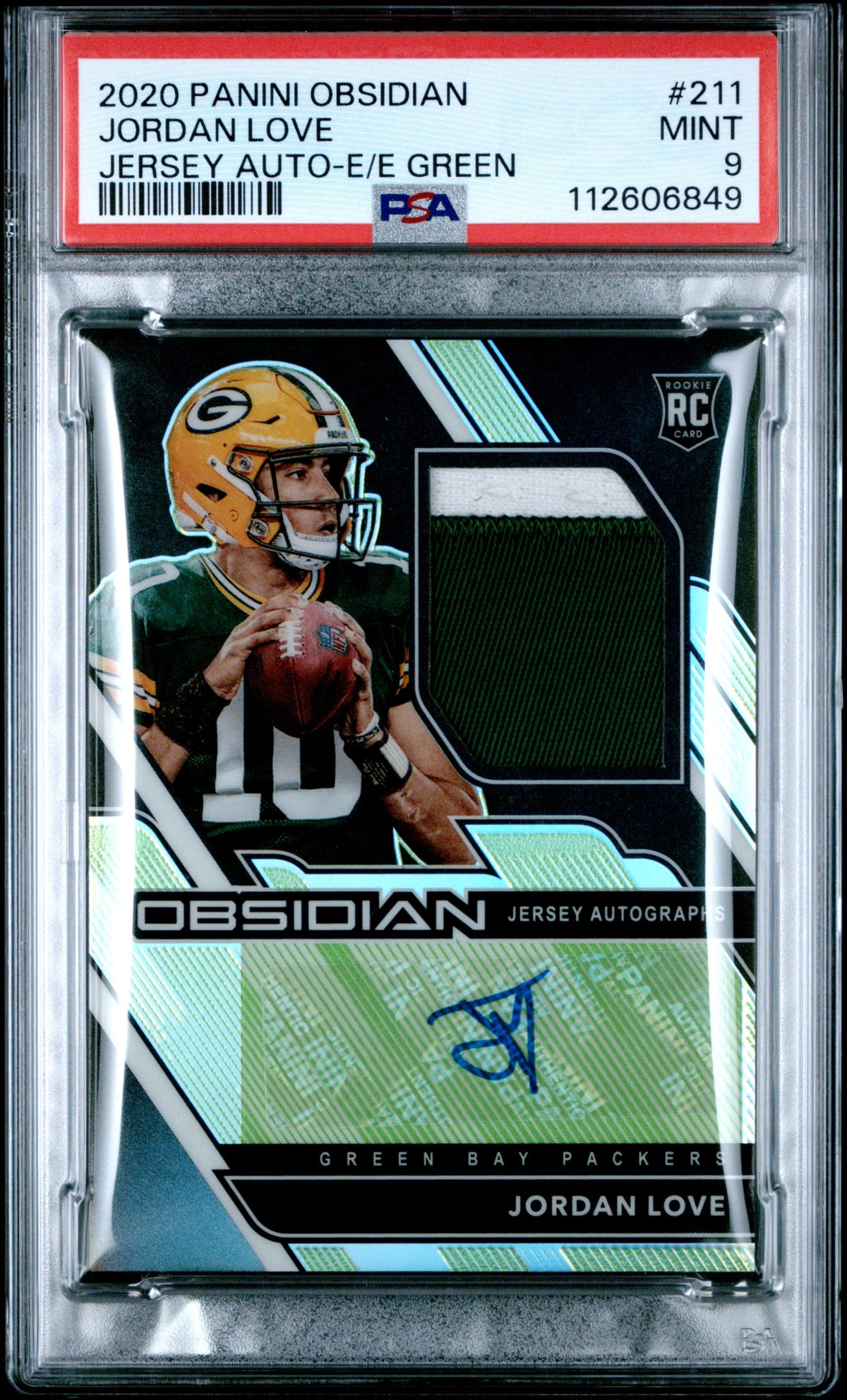 Jordan Love RC 2020 Panini Obsidian Electric Etch Green Rookie Patch Auto SP 11/50 PSA 9