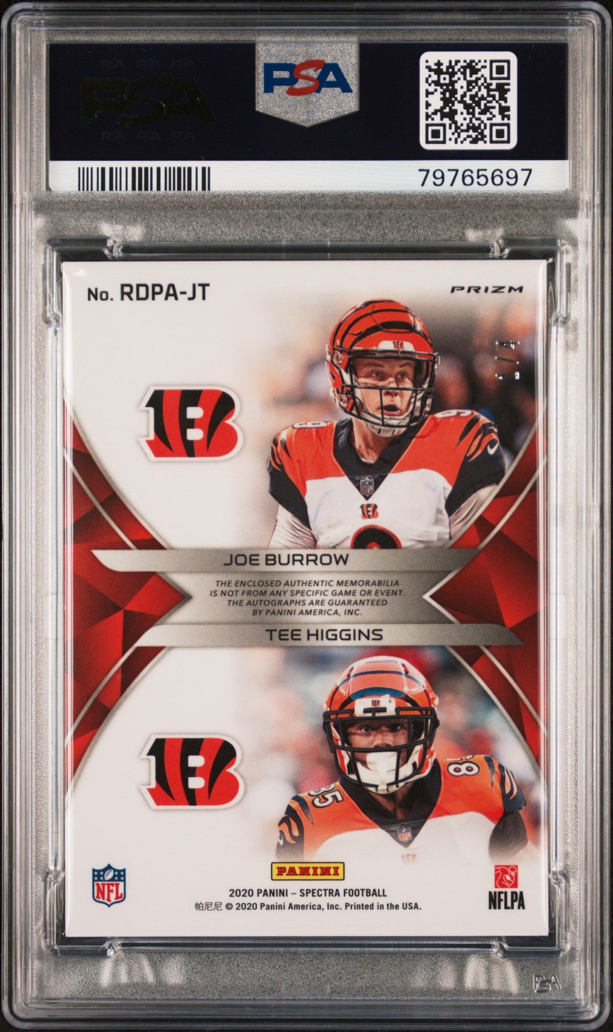 J.Burrow/T.Higgins 2020 Panini Spectra Rookie Dual Patch Autographs Rke.Dl.Pat.Au-Neon Marble 1/4 #JT PSA 9