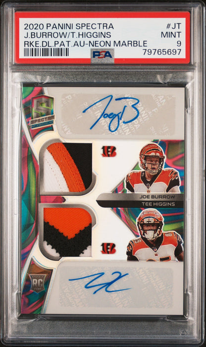 J.Burrow/T.Higgins 2020 Panini Spectra Rookie Dual Patch Autographs Rke.Dl.Pat.Au-Neon Marble 1/4 #JT PSA 9