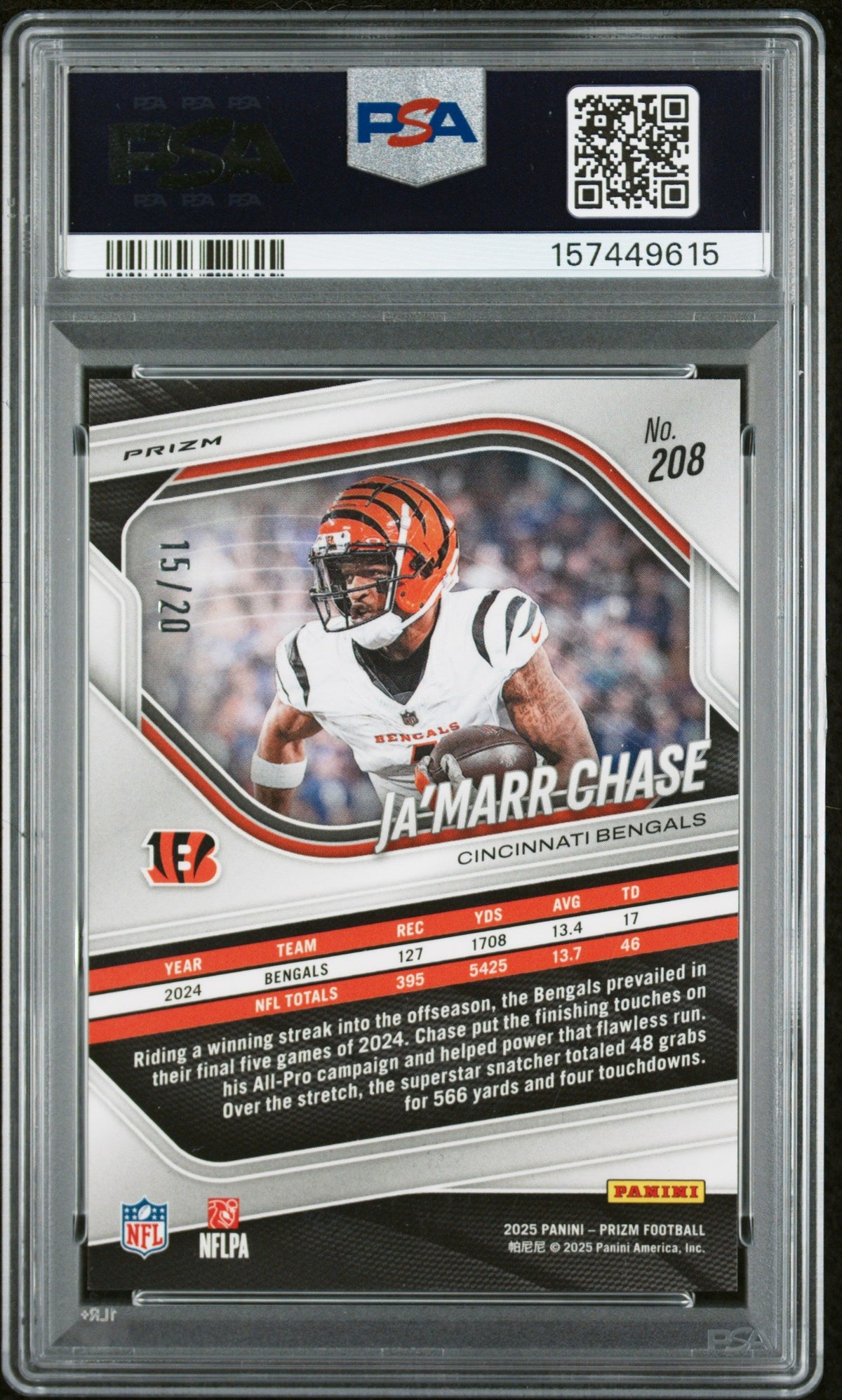 Ja'Marr Chase 2025 Panini Prizm Panini Logo Prizm 15/20 #208 PSA 10