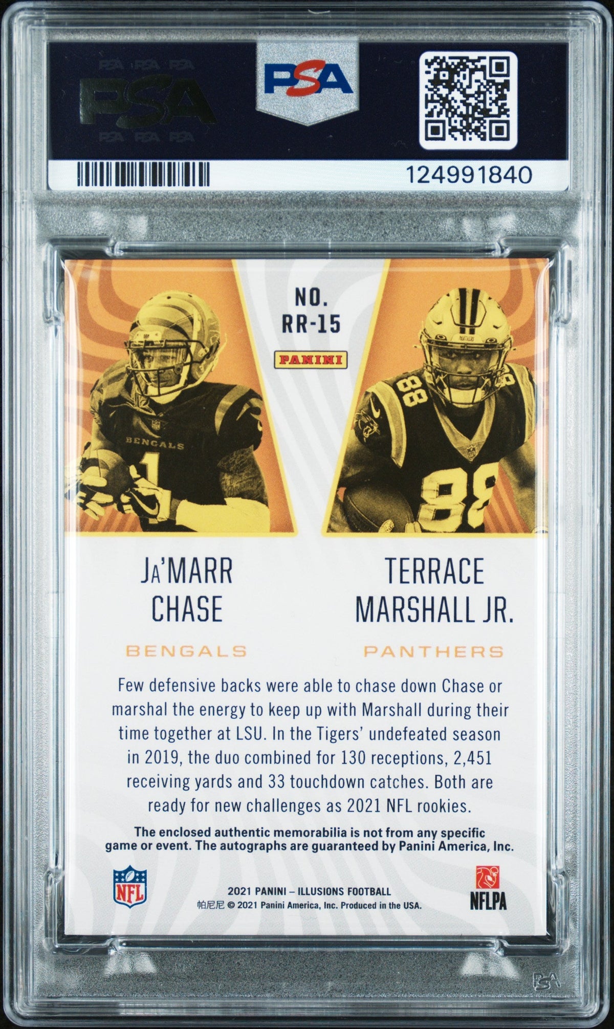 Terrace Marshall Jr / Ja'Marr Chase 2021 illusions Rookie Reflections Dual Patch Autographs Green 2/3 #RR-15 PSA 9