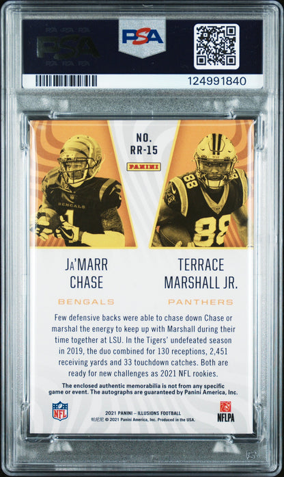 Terrace Marshall Jr / Ja'Marr Chase 2021 illusions Rookie Reflections Dual Patch Autographs Green 2/3 #RR-15 PSA 9