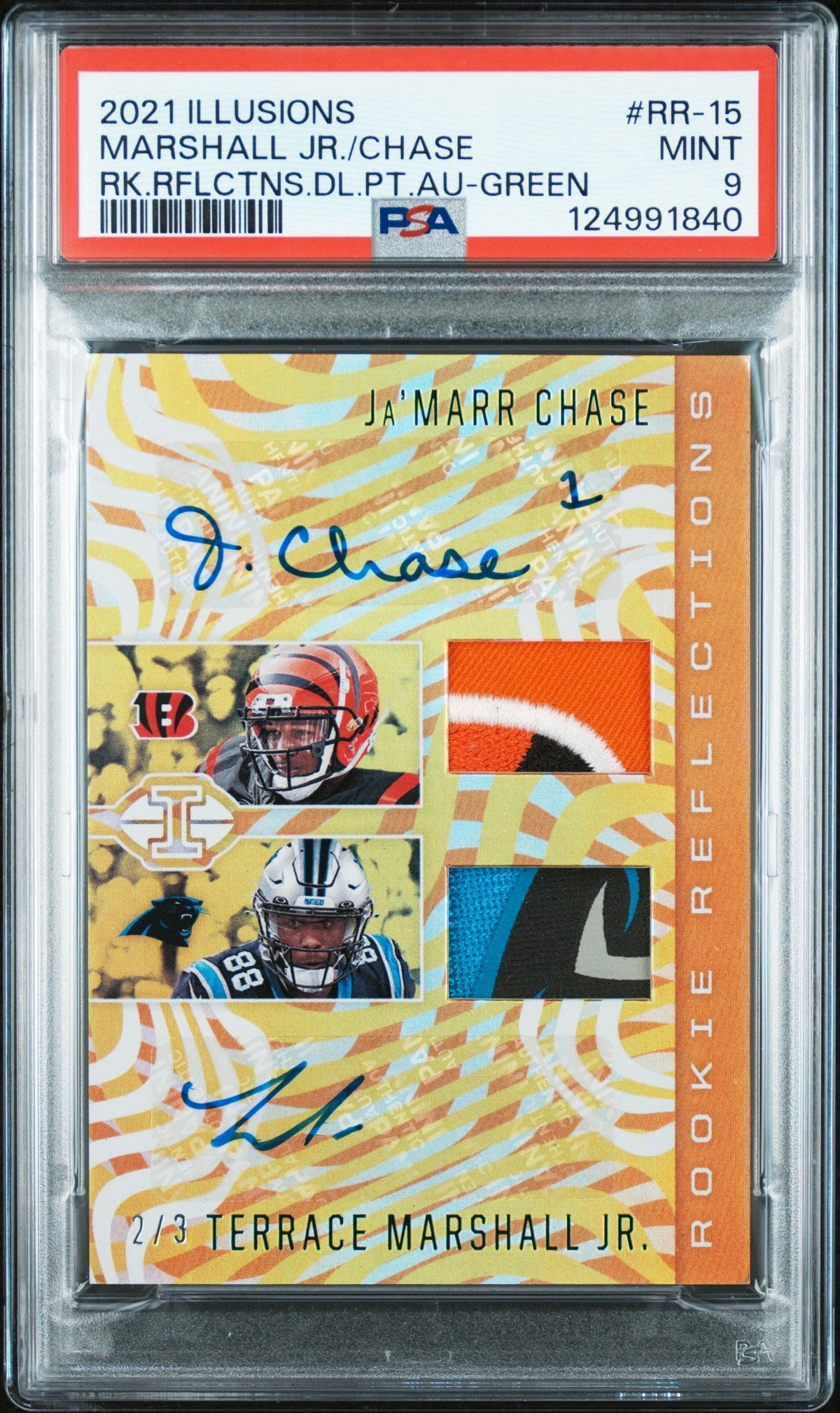 Terrace Marshall Jr / Ja'Marr Chase 2021 illusions Rookie Reflections Dual Patch Autographs Green 2/3 #RR-15 PSA 9