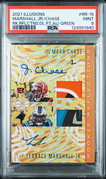 Terrace Marshall Jr / Ja'Marr Chase 2021 illusions Rookie Reflections Dual Patch Autographs Green 2/3 #RR-15 PSA 9