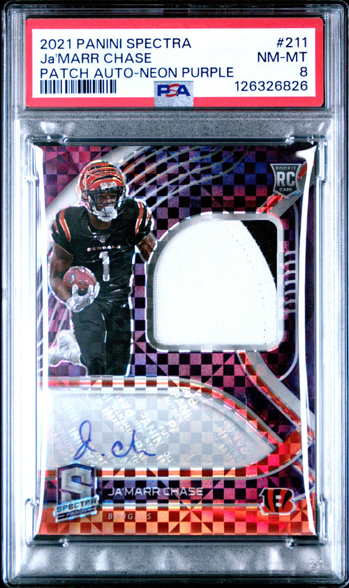 Ja'Marr Chase 2021 Panini Spectra Patch Auto-Neon Purple 16/30 #211 PSA 8