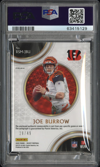 Joe Burrow 2020 Panini Select Rookie Signature Memorabilia Prizm Rookie Sig.Mem.Prizm 28/49 #JBU PSA 9