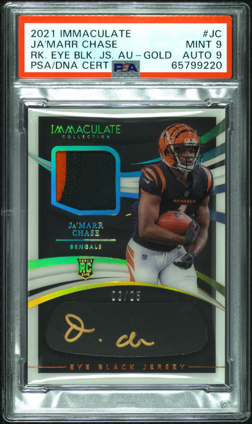 Ja'Marr Chase 2021 Panini Immaculate Collection Rookie Eye Black Jersey Autographs Rk. Eye Blk. Js. Au-Gold 9/25 #JC PSA 9 Auto 9