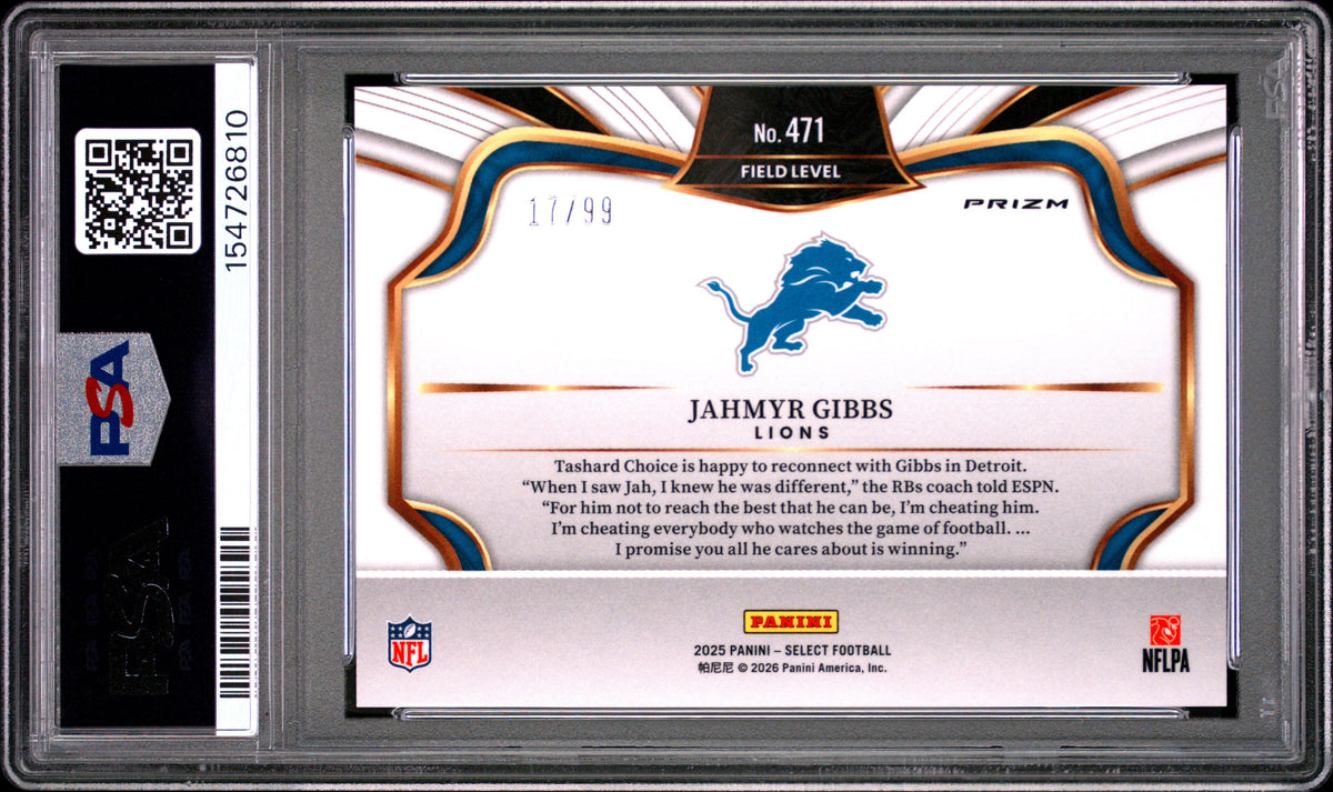 Jahmyr Gibbs 2025 Panini Select Tri-Color Prizm 17/99 #471 PSA 10