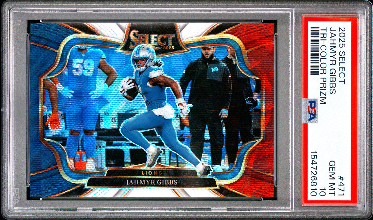 Jahmyr Gibbs 2025 Panini Select Tri-Color Prizm 17/99 #471 PSA 10