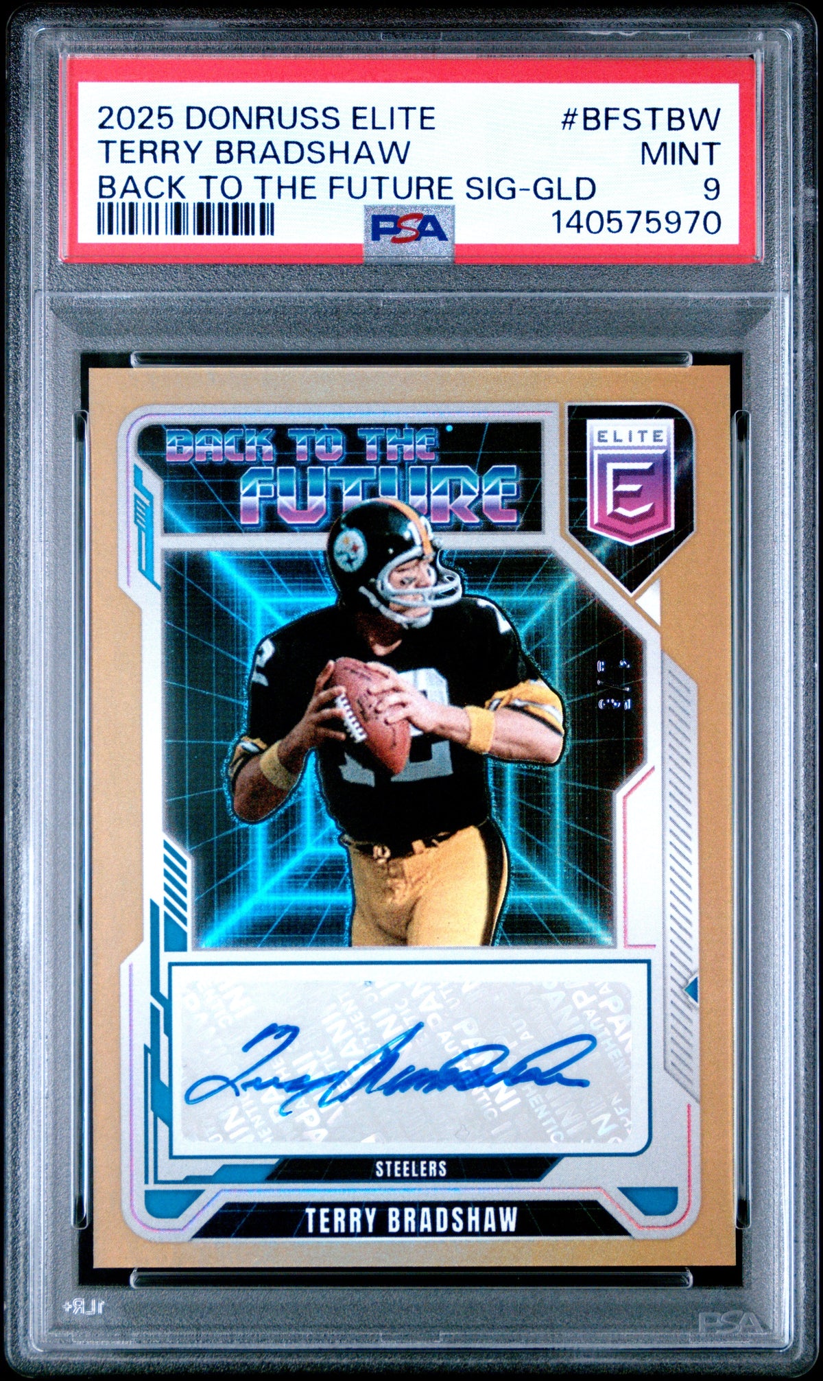 Terry Bradshaw 2025 Panini Donruss Elite Back To The Future Signatures Gold 1/5 #BFSTBW