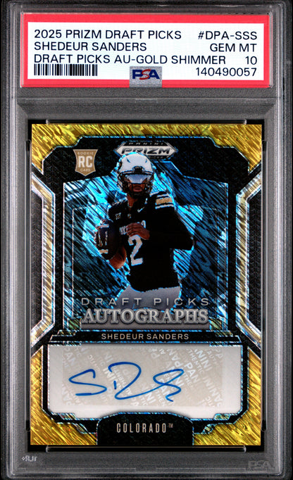 Shedeur Sanders 2025 Panini Prizm Draft Picks Auto Gold Shimmer 13/15 #DPA-SSS PSA 10