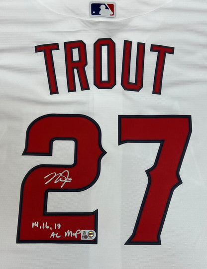 Mike Trout Autographed "141619 AL MVP" Angels White Replica Jersey