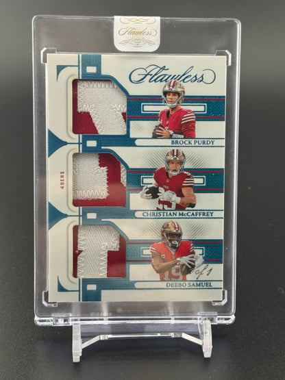 2023 Flawless Brock Purdy / McCaffrey / Deebo Triple Patch Platinum 1/1 PC
