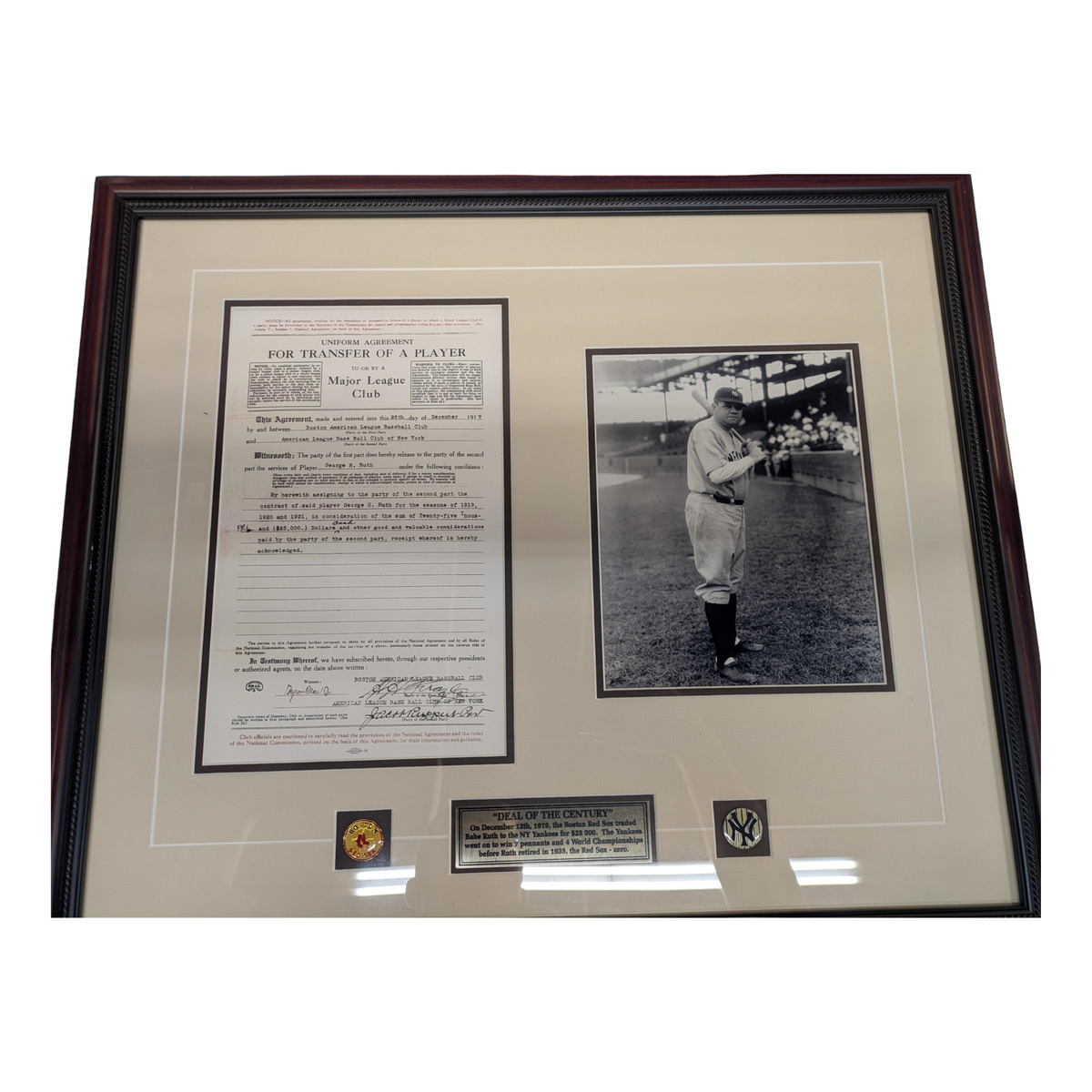 Babe Ruth Unsigned Framed Red Sox Trade Agreement 8x10 Print (Boof Bonser's Personal Collection)