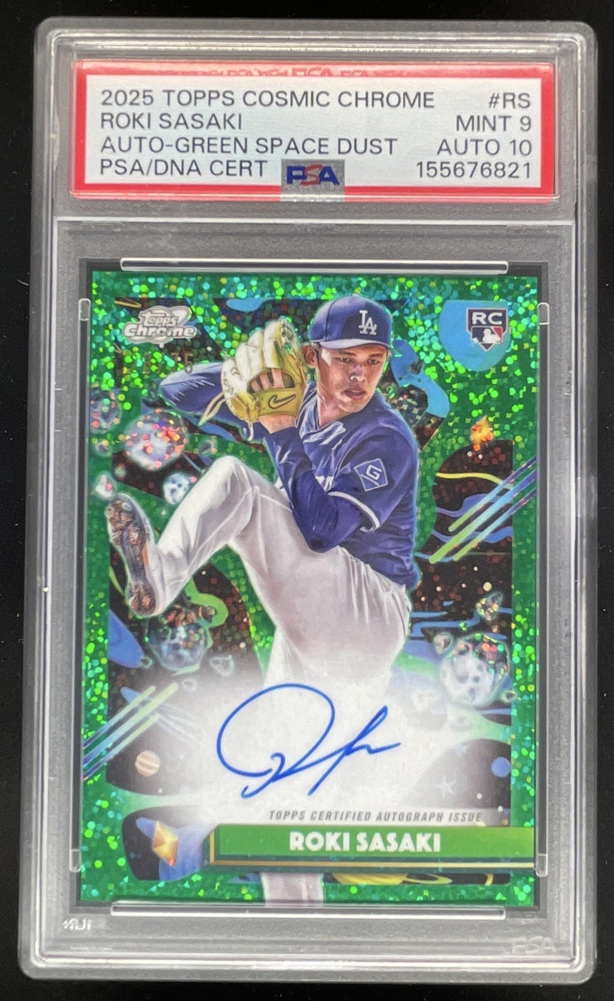2025 Topps Cosmic Chrome Green Space Dust #CCA-RS Roki Sasaki RC Auto /75 PSA 9