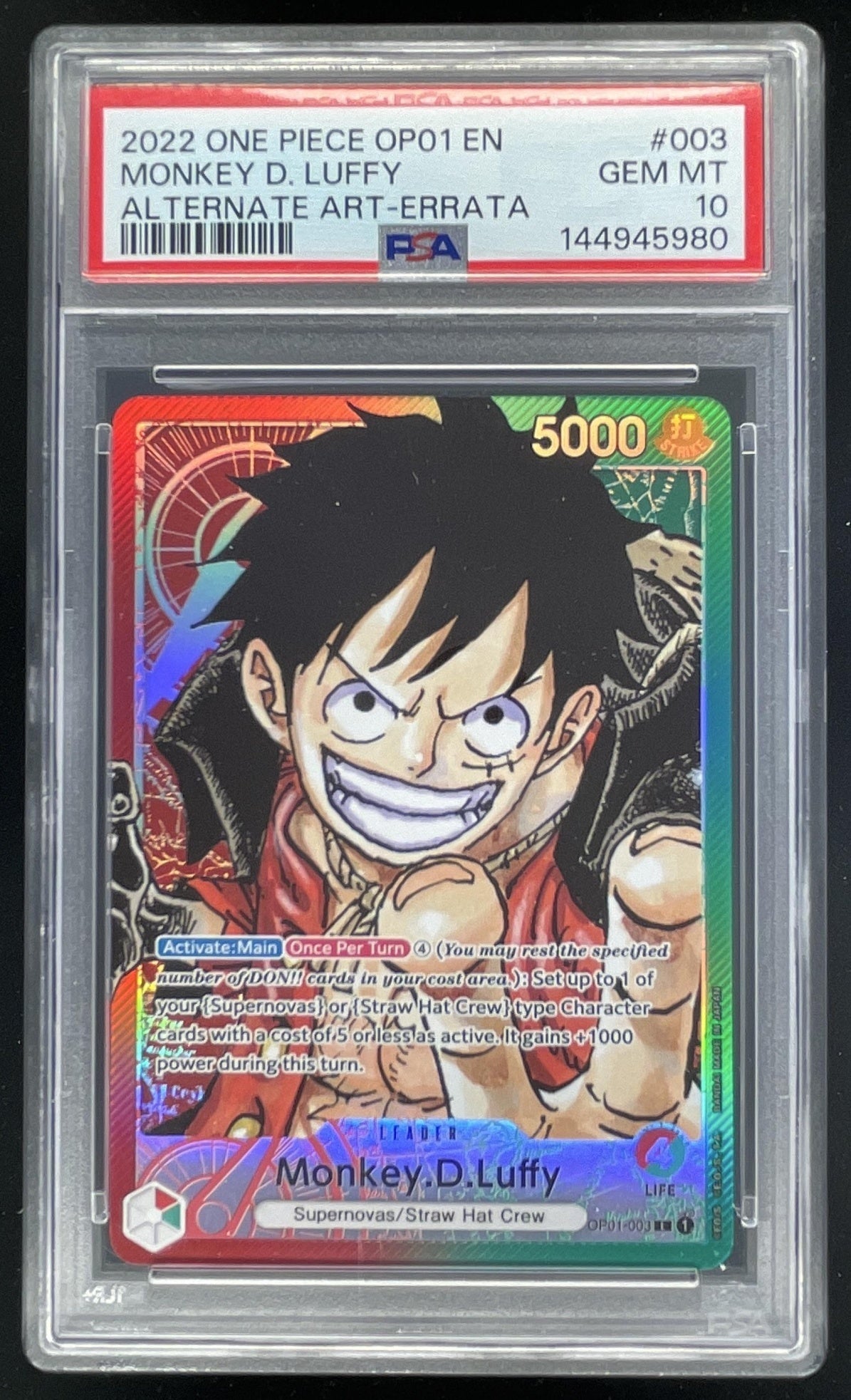 2022 One Piece Romance Dawn OP01-003 Monkey D. Luffy Alt Art Errata PSA 10