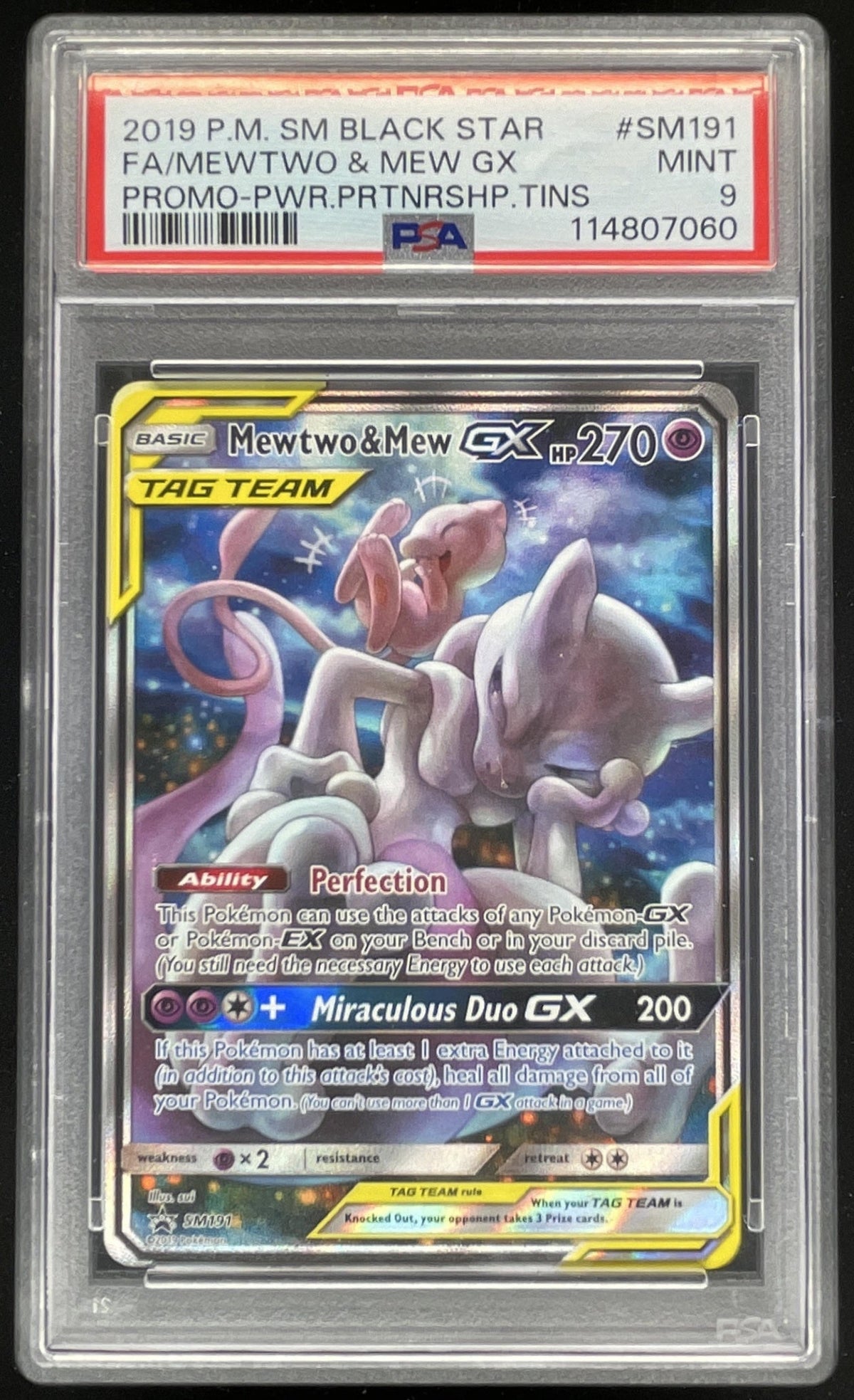 2019 Pokemon SM Black Star Promos Power Partnership #SM191 Mewtwo & Mew Gx PSA 9