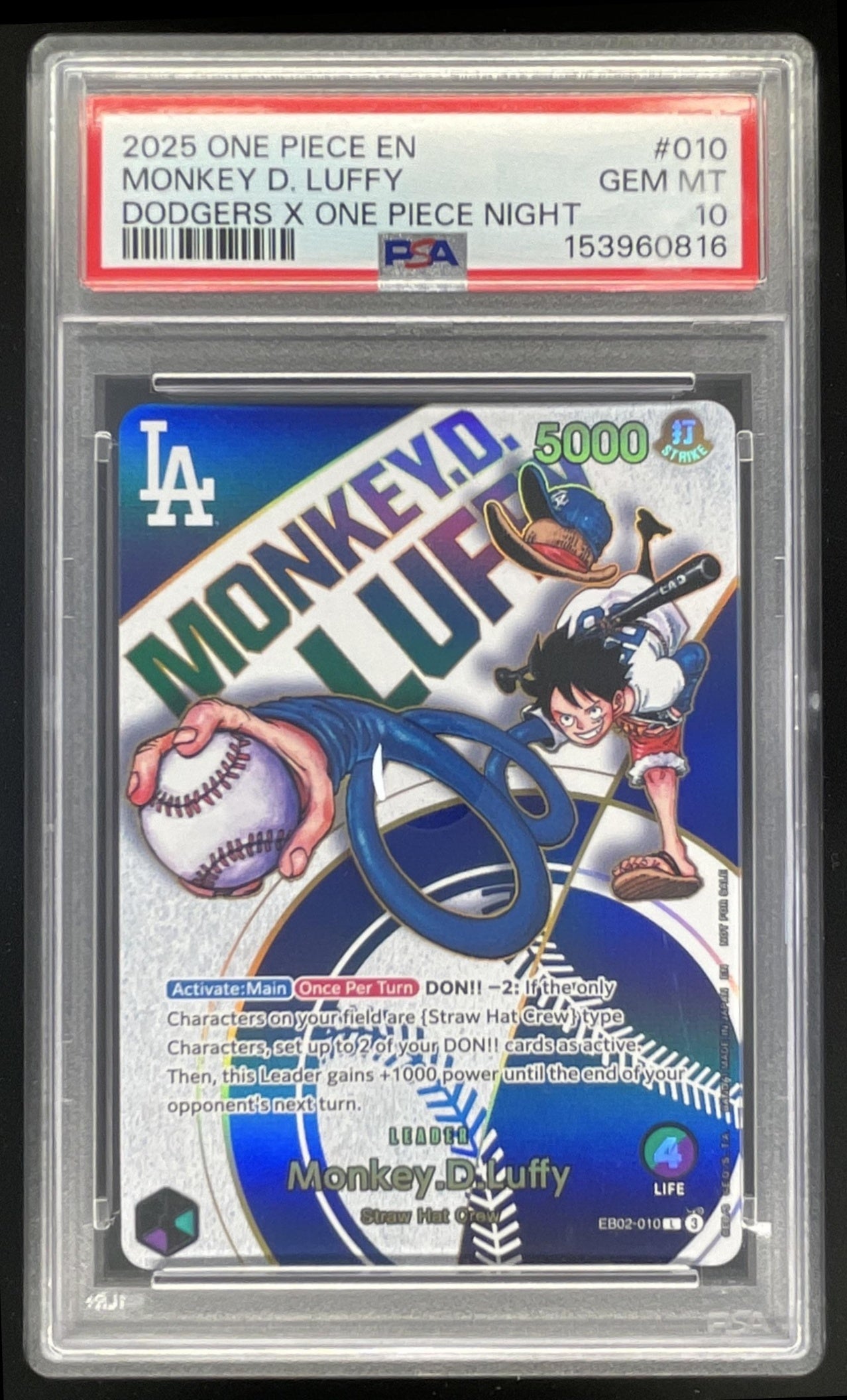 2025 One Piece LA Dodgers x One Piece Night #010 Monkey D Luffy PSA 10