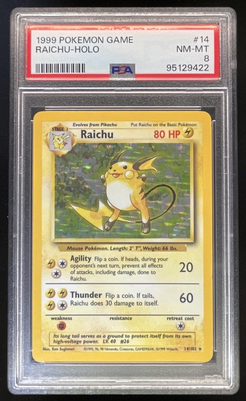 1999 Pokemon Unlimited Set #14/102 Raichu Rare Holo PSA 8