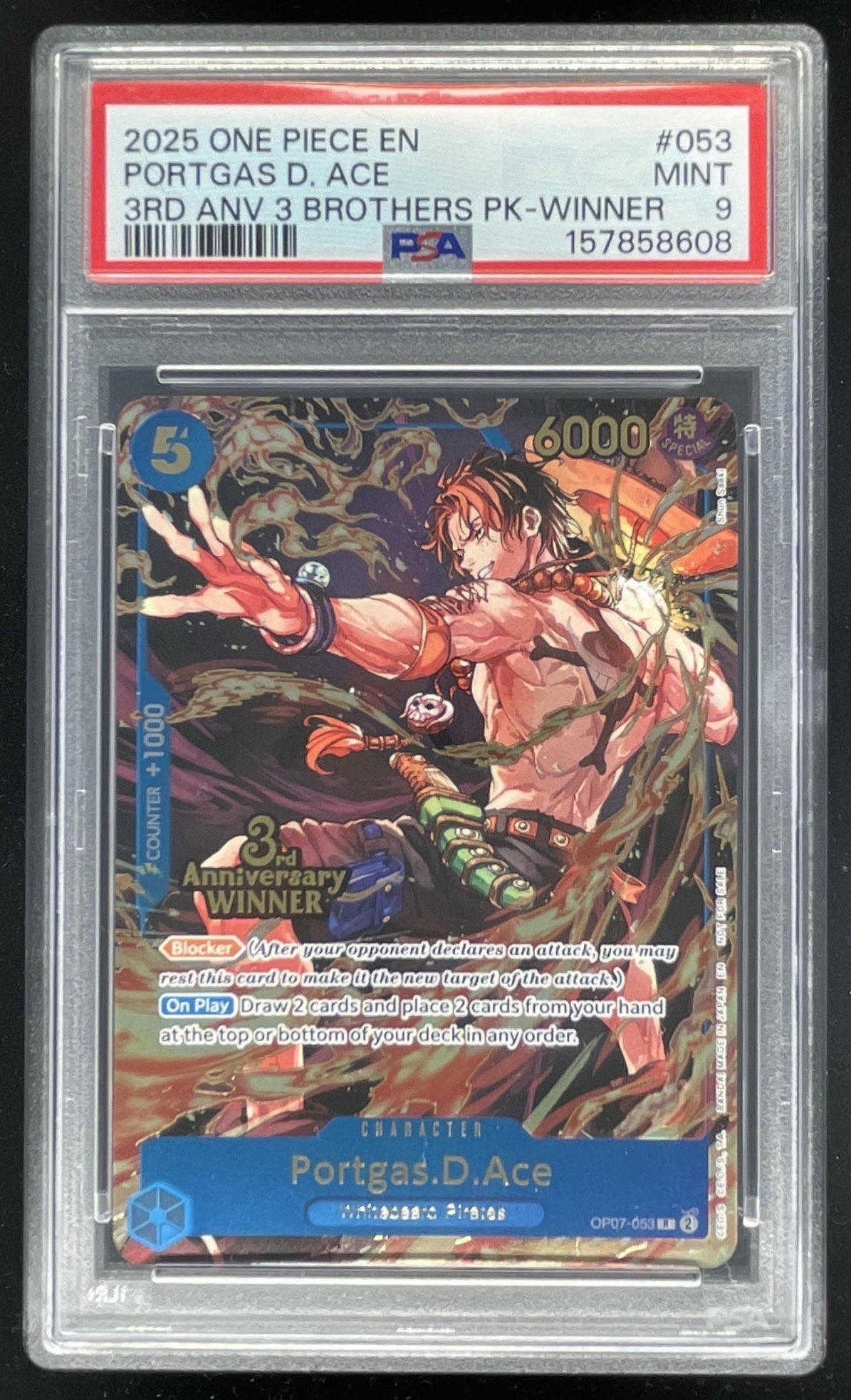 2025 One Piece 3rd Anniversary Winner #OP07-053 Portgas D. Ace PSA 9