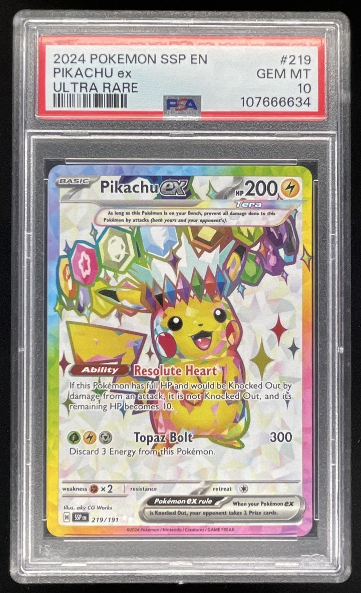 2024 Pokemon Surging Sparks #219/191 Pikachu Ex PSA 10