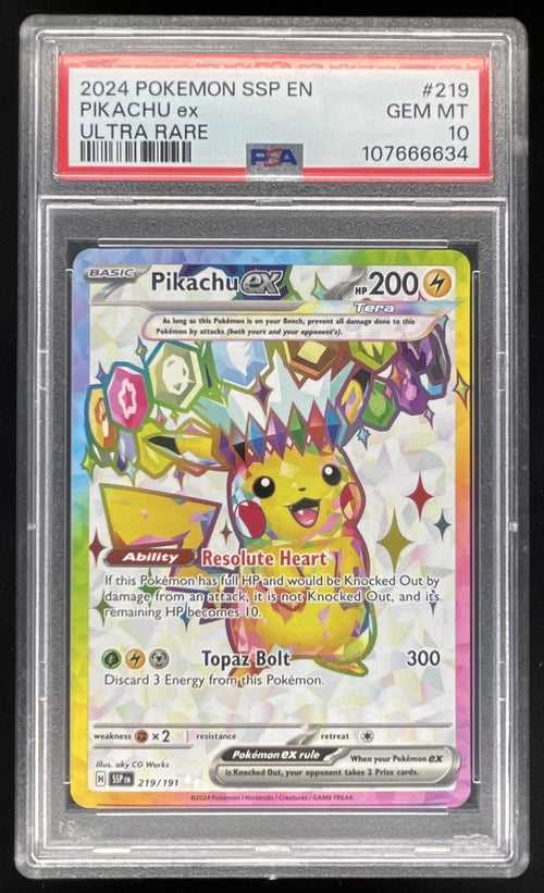 2024 Pokemon Surging Sparks #219/191 Pikachu Ex PSA 10