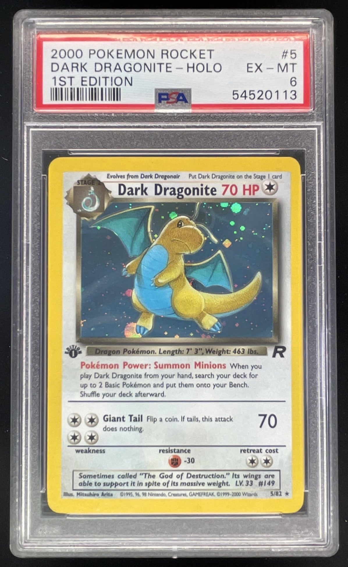 2000 Pokemon Team Rocket First Edition #5/82 Dark Dragonite Holo PSA 6