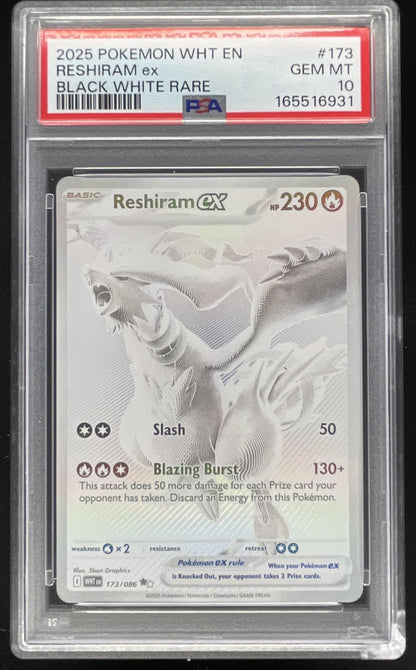 2025 Pokemon White Flare #173/086 Reshiram ex Black and White Rare PSA 10