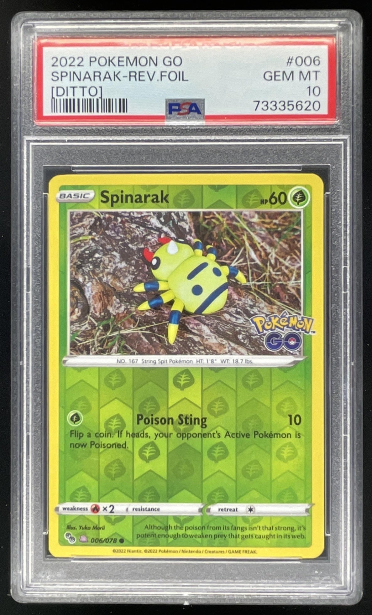 2022 Pokemon Sword & Shield GO Ditto Variation Reverse Holo #006 Spinarak PSA 10