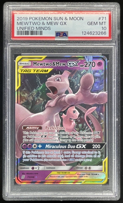 2019 Pokemon Sun & Moon Unified Minds #71/236 Mewtwo & Mew Tag Team Holo PSA 10