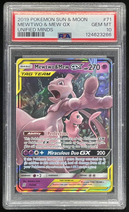 2019 Pokemon Sun & Moon Unified Minds #71/236 Mewtwo & Mew Tag Team Holo PSA 10