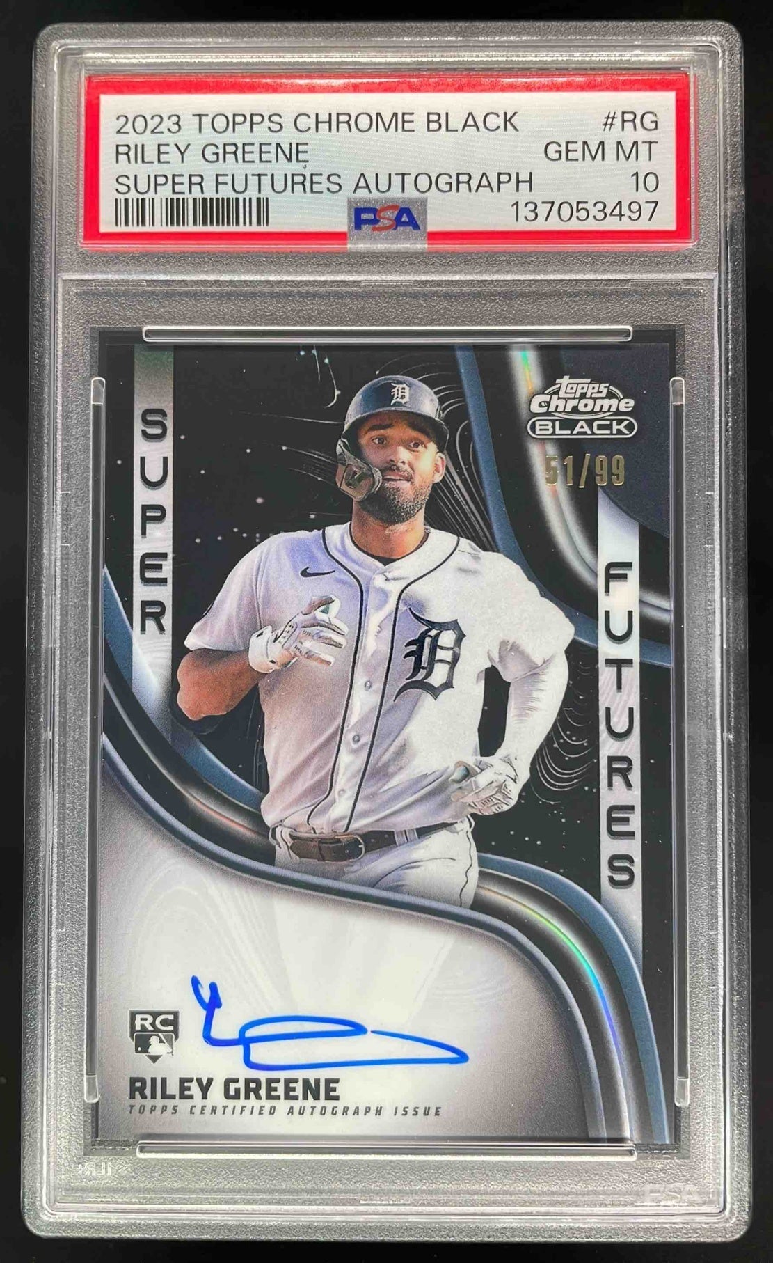 2023 Topps Chrome Black Super Futures #SFA-RG Riley Greene RC Auto /99 PSA 10