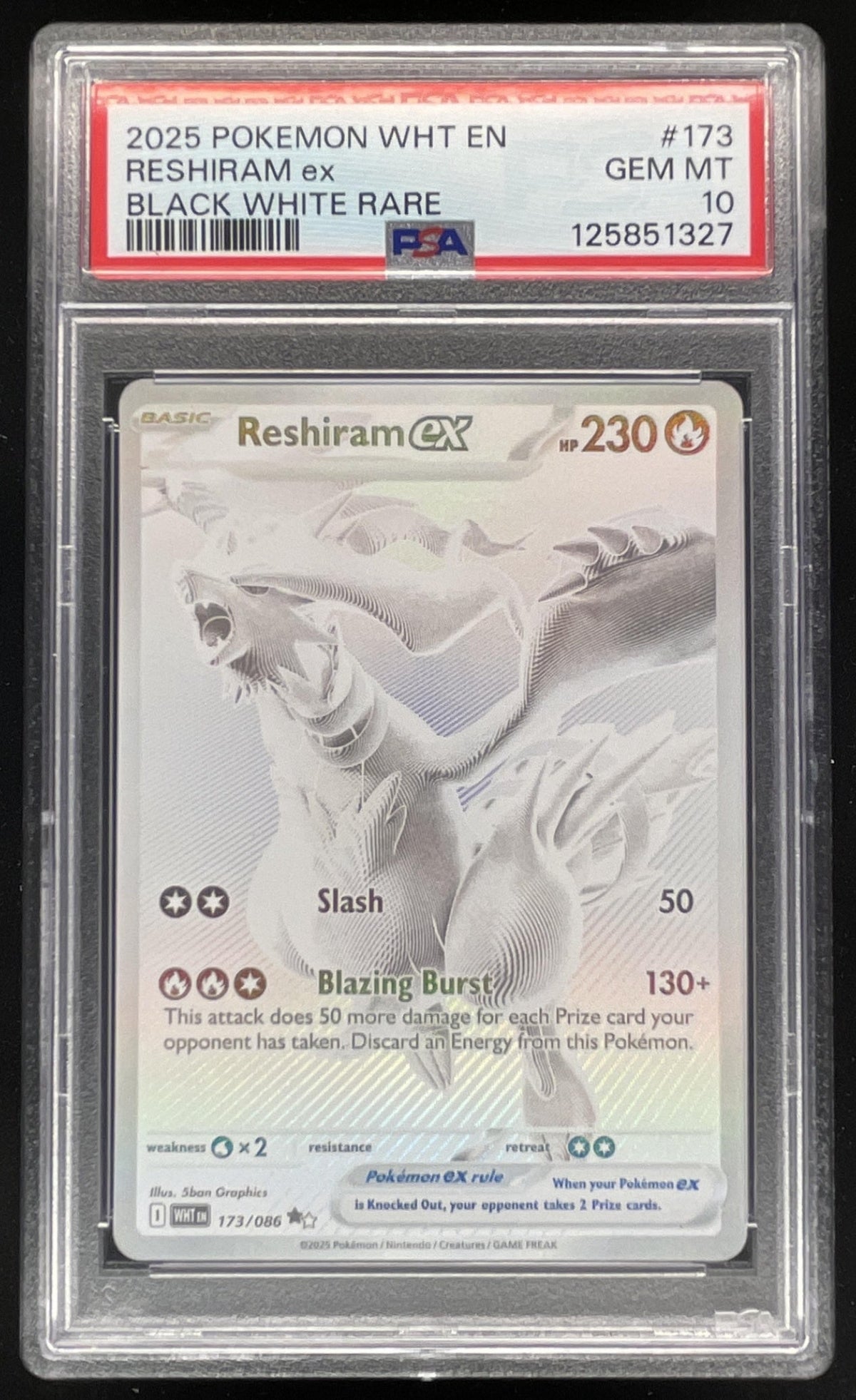 2025 Pokemon White Flare #173/086 Reshiram ex Black and White Rare PSA 10