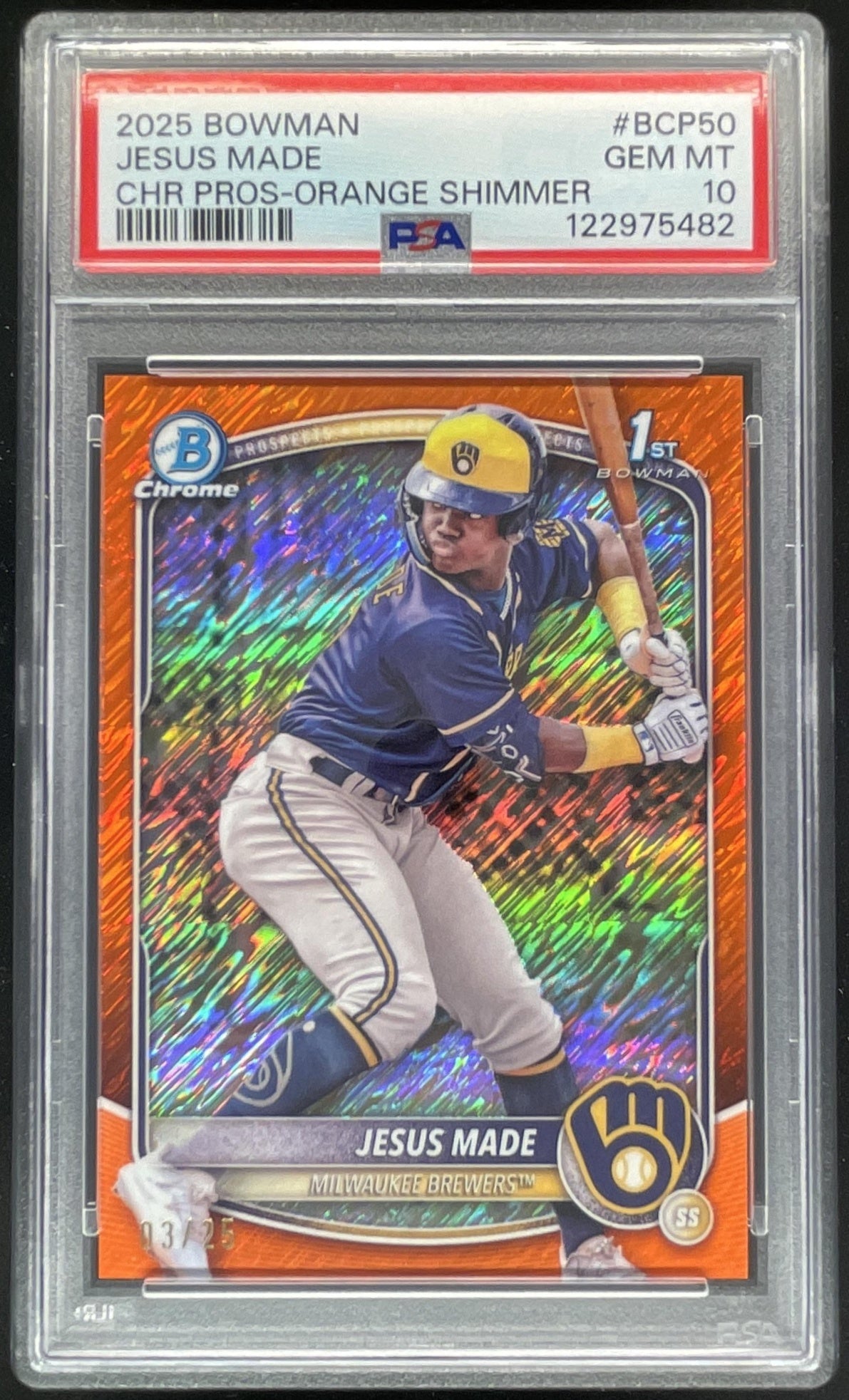 2025 Bowman Chrome Prospects Orange Shimmer #BCP-50 Jesus Made RC /25 PSA 10