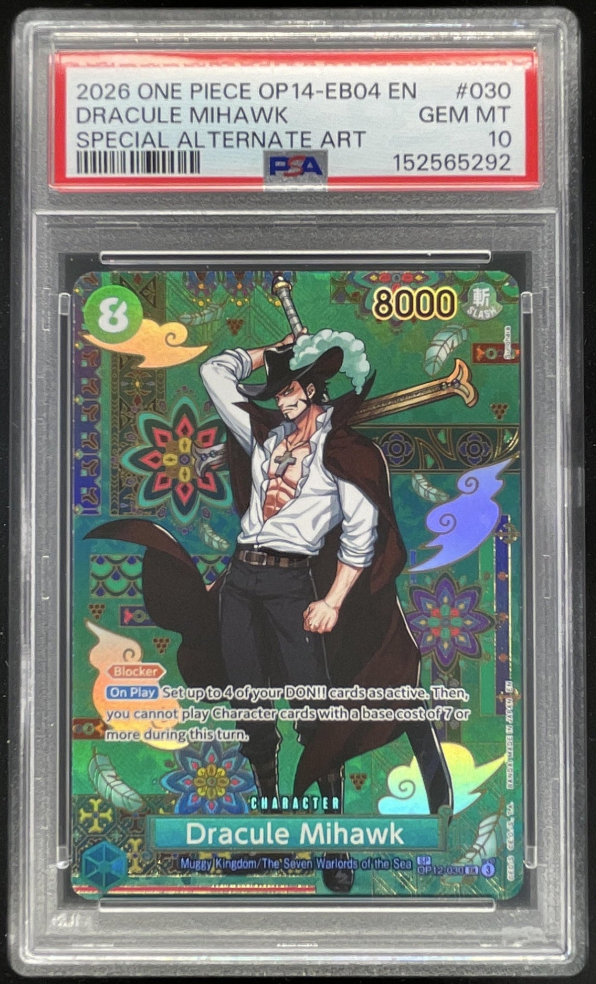 2026 One Piece Azure Sea's Seven Special Card #OP12-030 Dracule Mihawk PSA 10