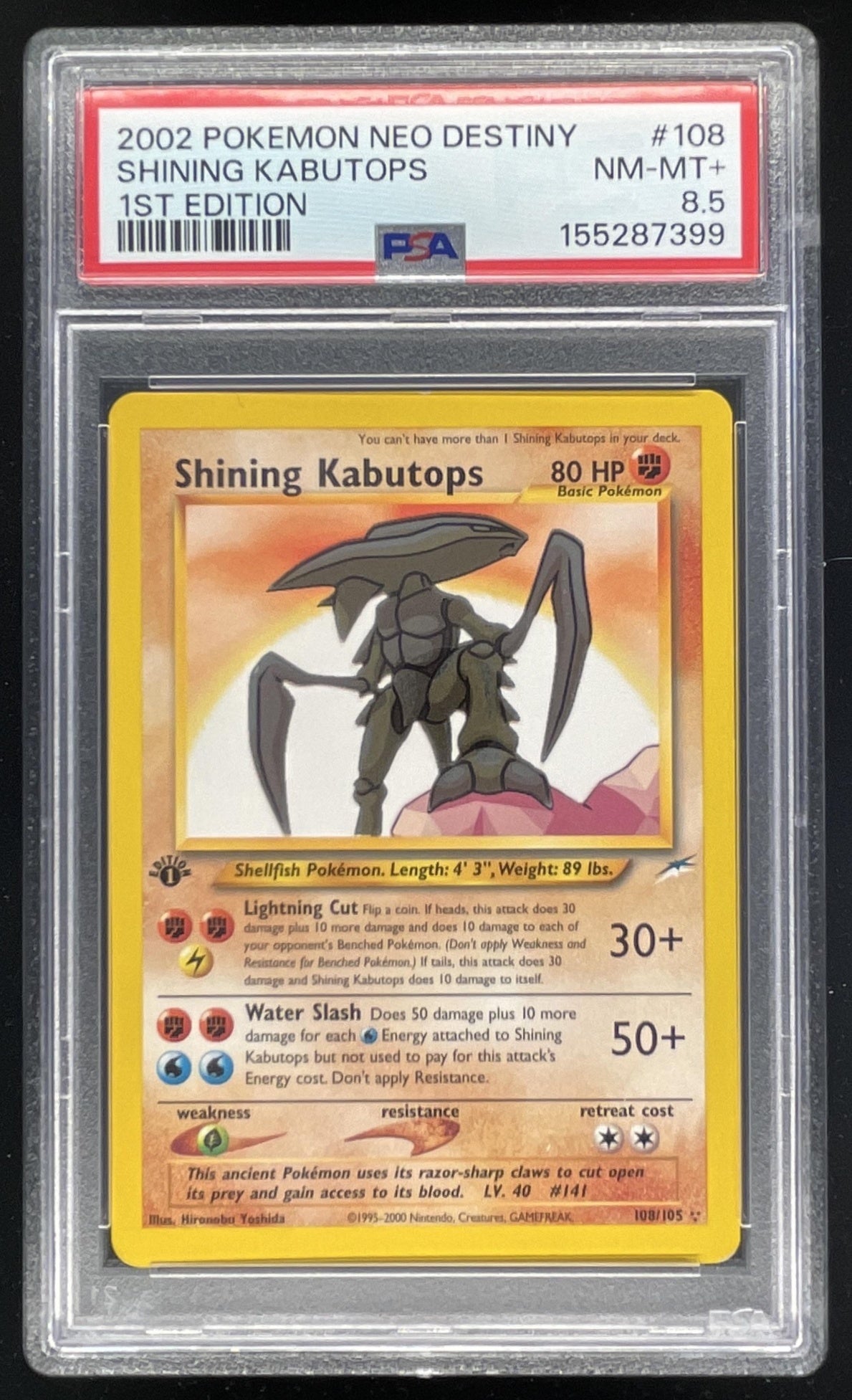 2002 Pokemon Neo Destiny 1st Edition #108/105 Shining Kabutops Holo PSA 8.5