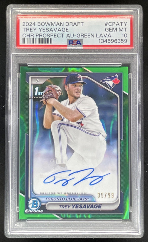 2024 Bowman Draft Chrome Prospect Green Lava Trey Yesavage RC Auto /99 PSA 10