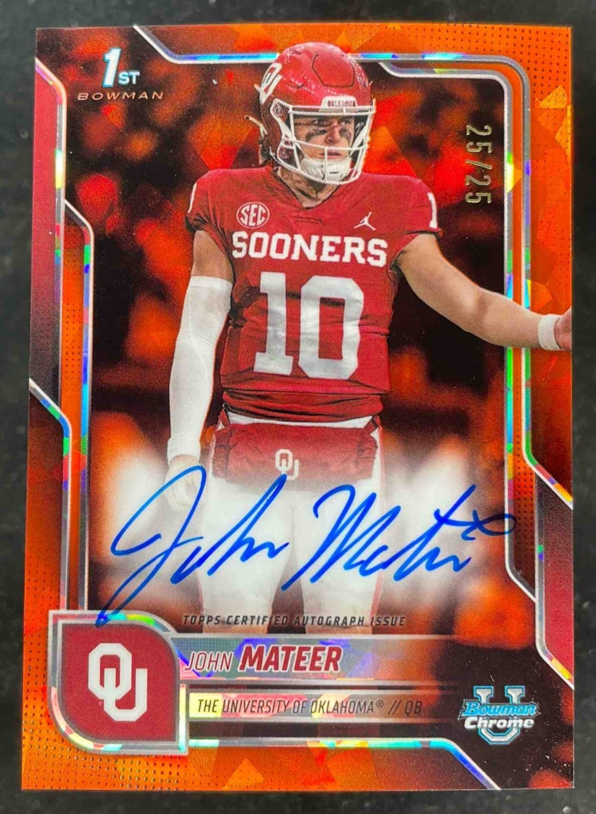 2025 Bowman Chrome University Sapphire Orange Refractor #JM John Mateer Auto /25