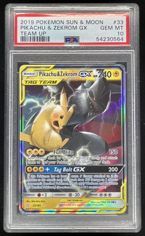 2019 Pokemon Sun & Moon Team Up #33/181 Pikachu & Zekrom Holo PSA 10