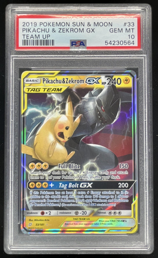 2019 Pokemon Sun & Moon Team Up #33/181 Pikachu & Zekrom Holo PSA 10