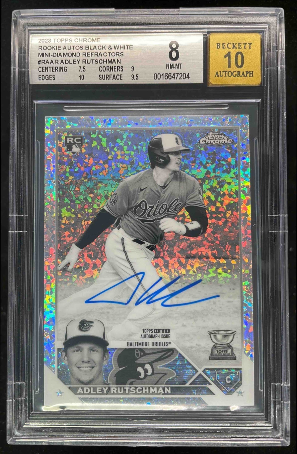 2023 Topps Chrome Rookie Black White Mini Diamond Adley Rutschman RC Auto BGS 8