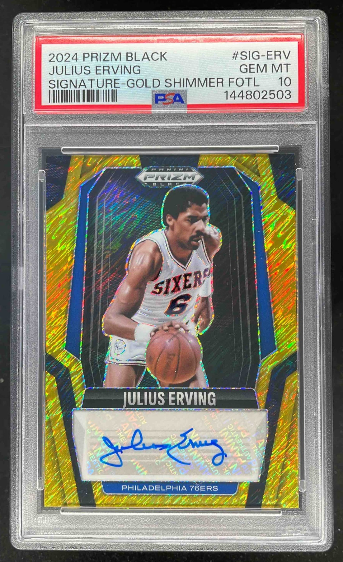 2024 Panini Prizm Black Gold Shimmer FOTL #SIG-ERV Julius Erving Auto /10 PSA 10