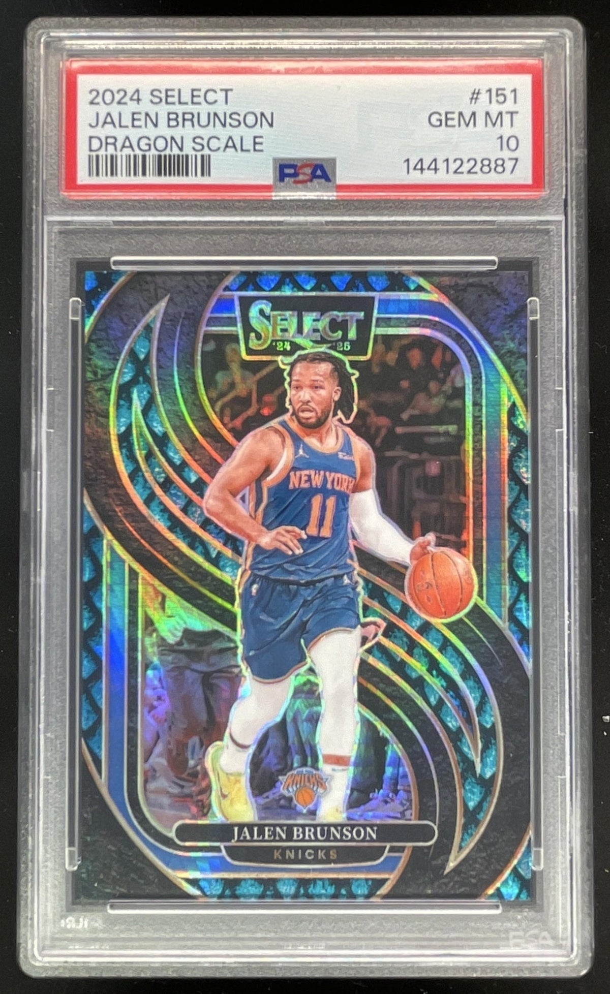 2024-25 Panini Select Premier Dragon Scale Prizm #151 Jalen Brunson /8 PSA 10