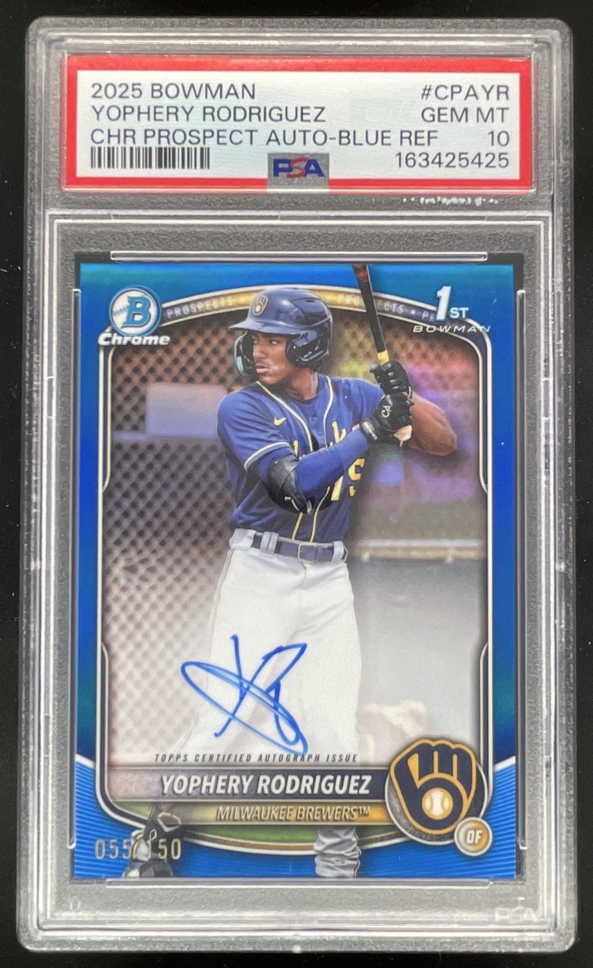 2025 Bowman Chrome Prospect Blue #CPA-YR Yophery Rodriguez RC Auto /150 PSA 10