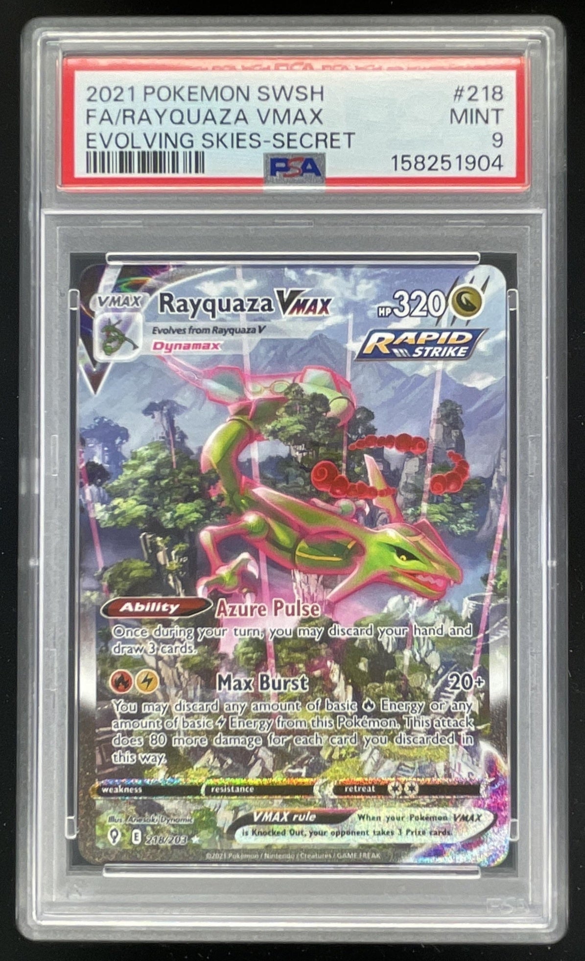 2021 Pokemon Sword & Shield Evolving Skies #218/203 Rayquaza VMAX PSA 9