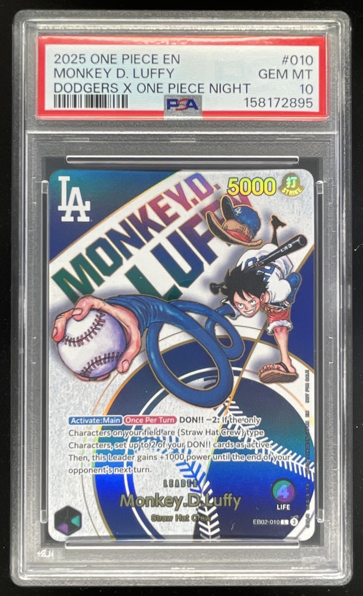 2025 One Piece LA Dodgers x One Piece Night #010 Monkey D Luffy PSA 10