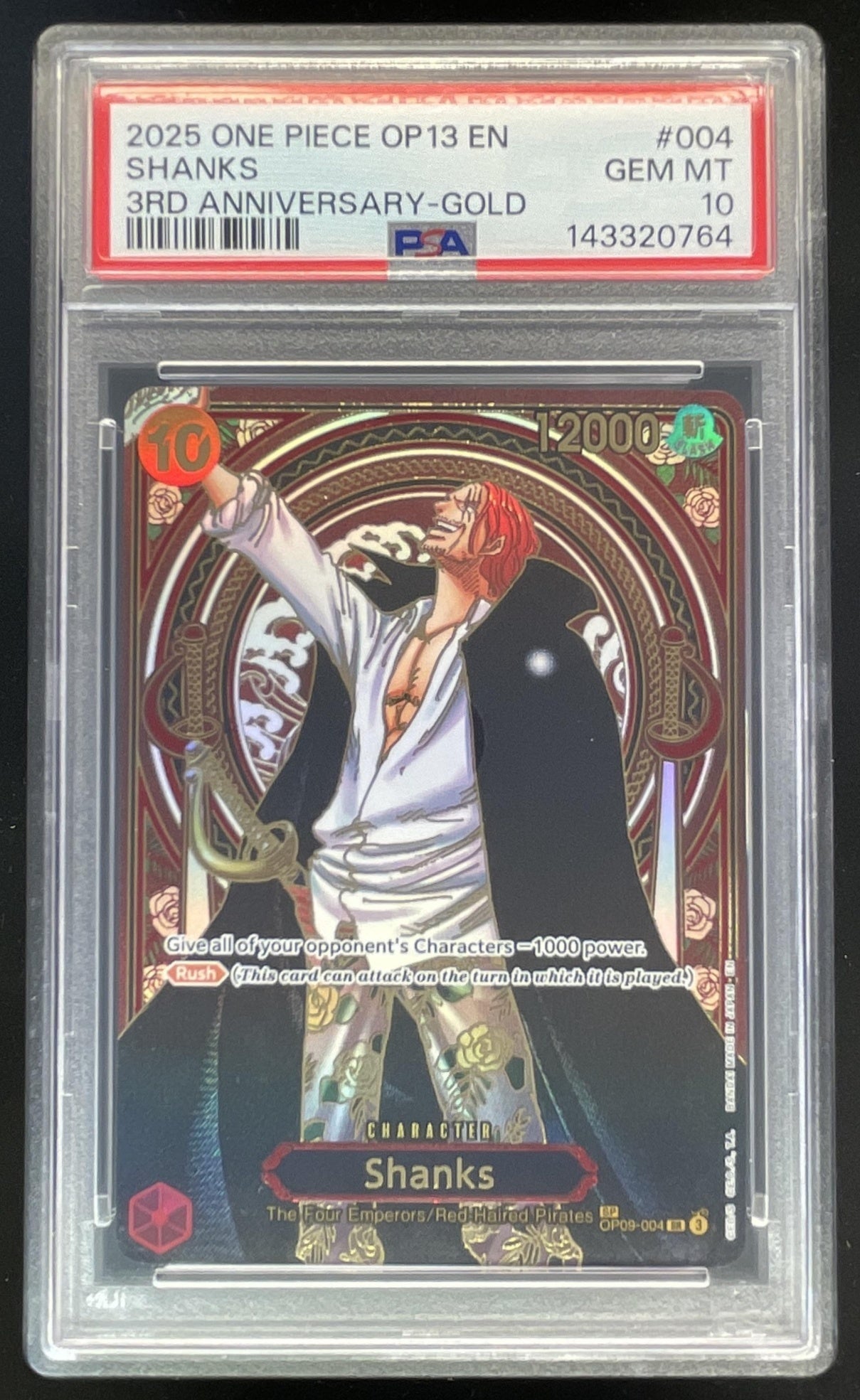 2025 One Piece OP13 #004 Shanks 3rd Anniversary Gold PSA 10